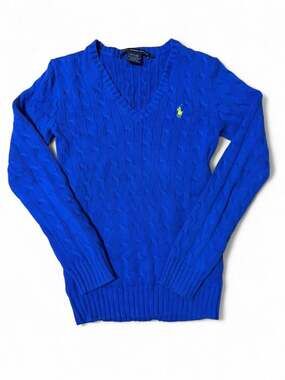 Ralph Lauren Sport Royal Blue Cable Knit V-Neck Sweater with Yellow Pony Logo